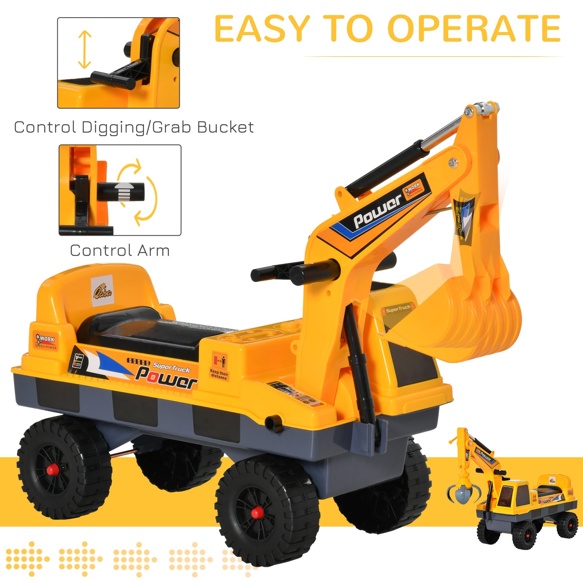 Qaba Construction Ride on Excavator Digger Multi-functional Bulldozer Toy Detachable Bucket Yellow