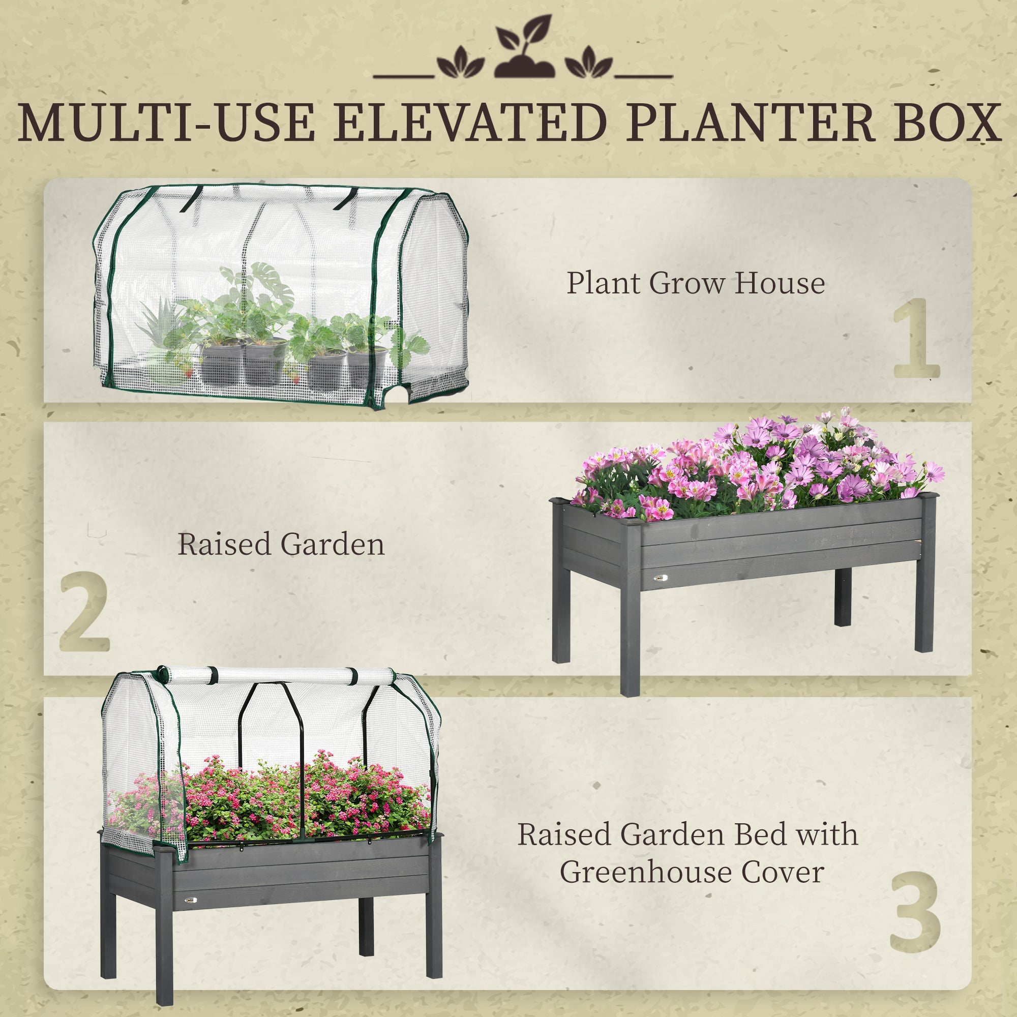 Outsunny Elevated Wooden Planter Box with PE Greenhouse Cover Raised Garden Bed for Vegetables Herbs Dark Grey