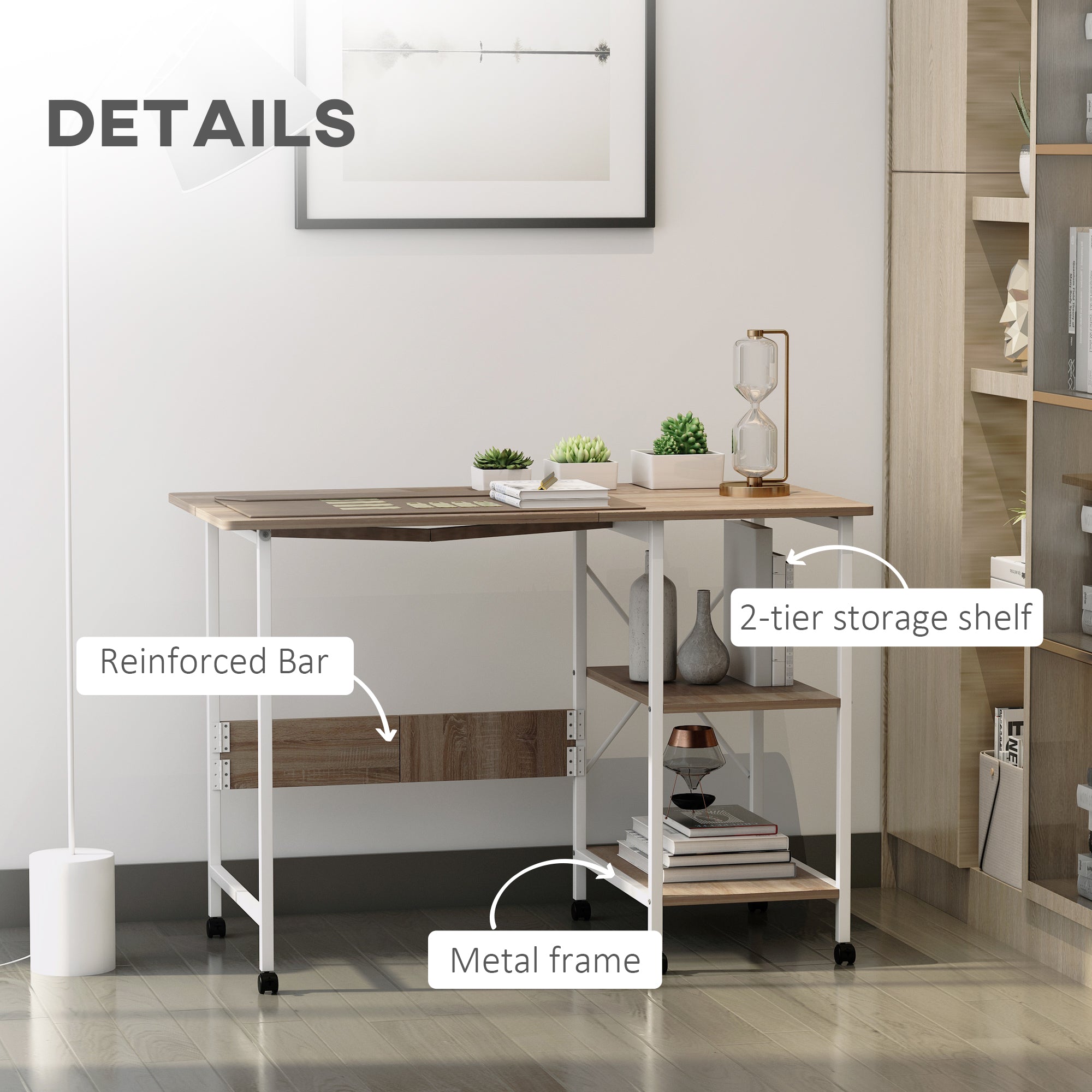 HOMCOM Folding Study Desk Storage Shelves Laptop Table Home Office Workstation 6 Wheels Natural