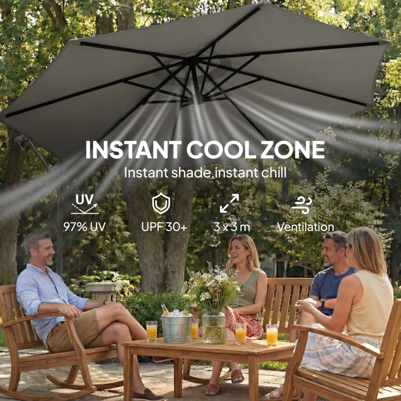 9.6 ft Offset Patio Umbrella with Sandbag, Garden Hanging Banana Cantilever Parasol with 360° Rotation, Grey