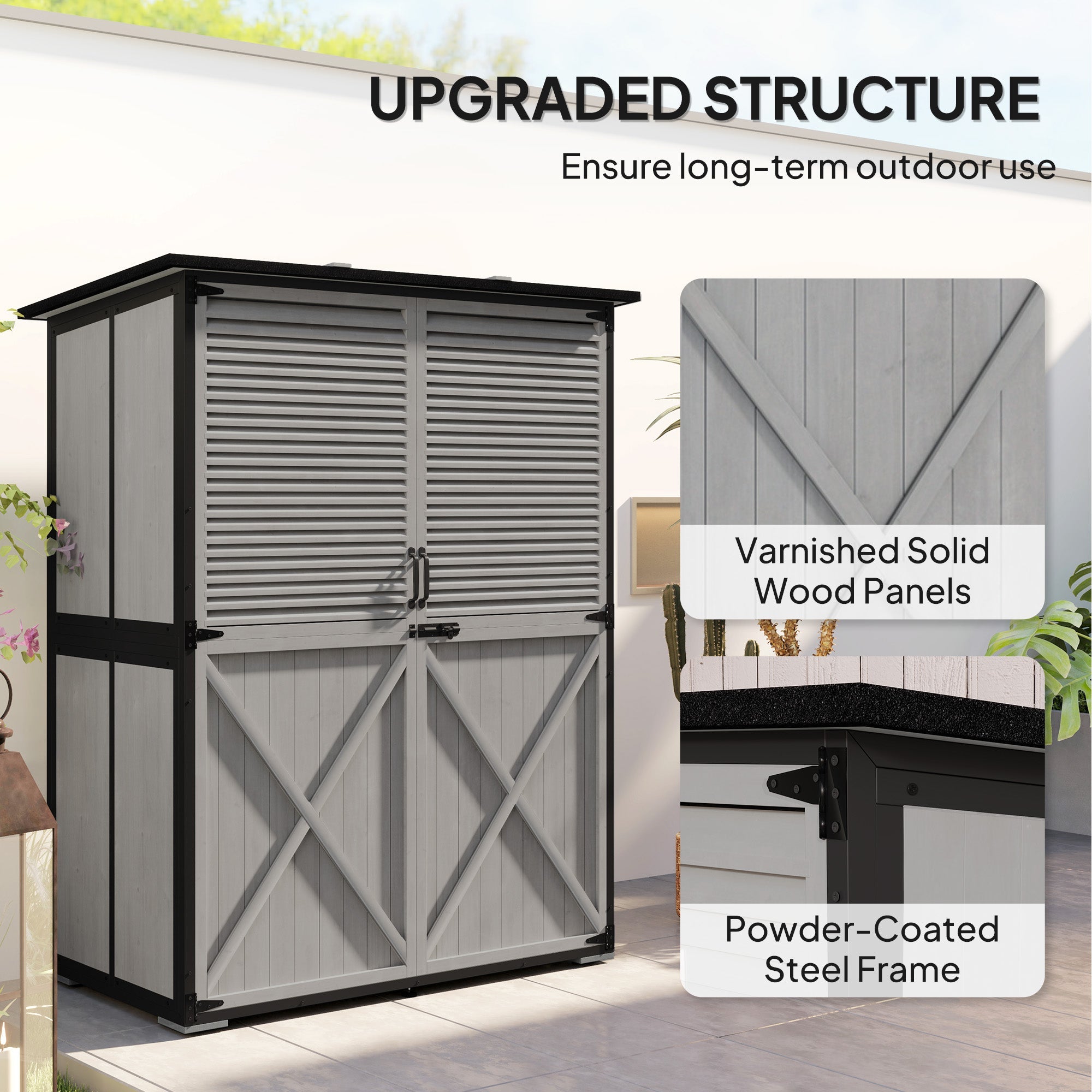 Outsunny Outdoor Storage Cabinet, Wood Garden Shed with Steel Frame, Asphalt Roof, 2 Shelves and Lockable Doors, Grey