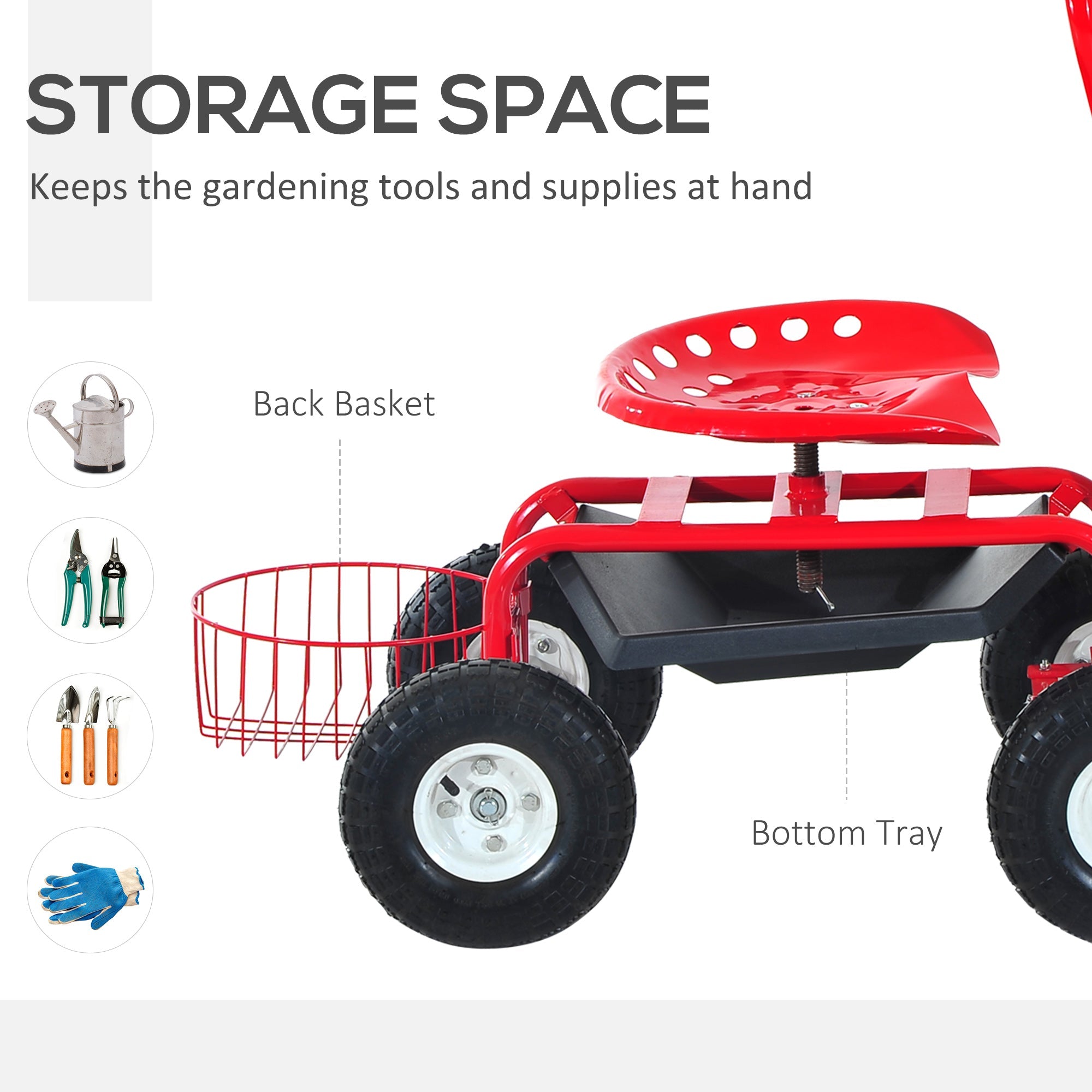 Outsunny Garden Cart, Rolling Scooter with Swivel and Adjustable Seat, Tool Tray, Bucket Basket, Red and Black