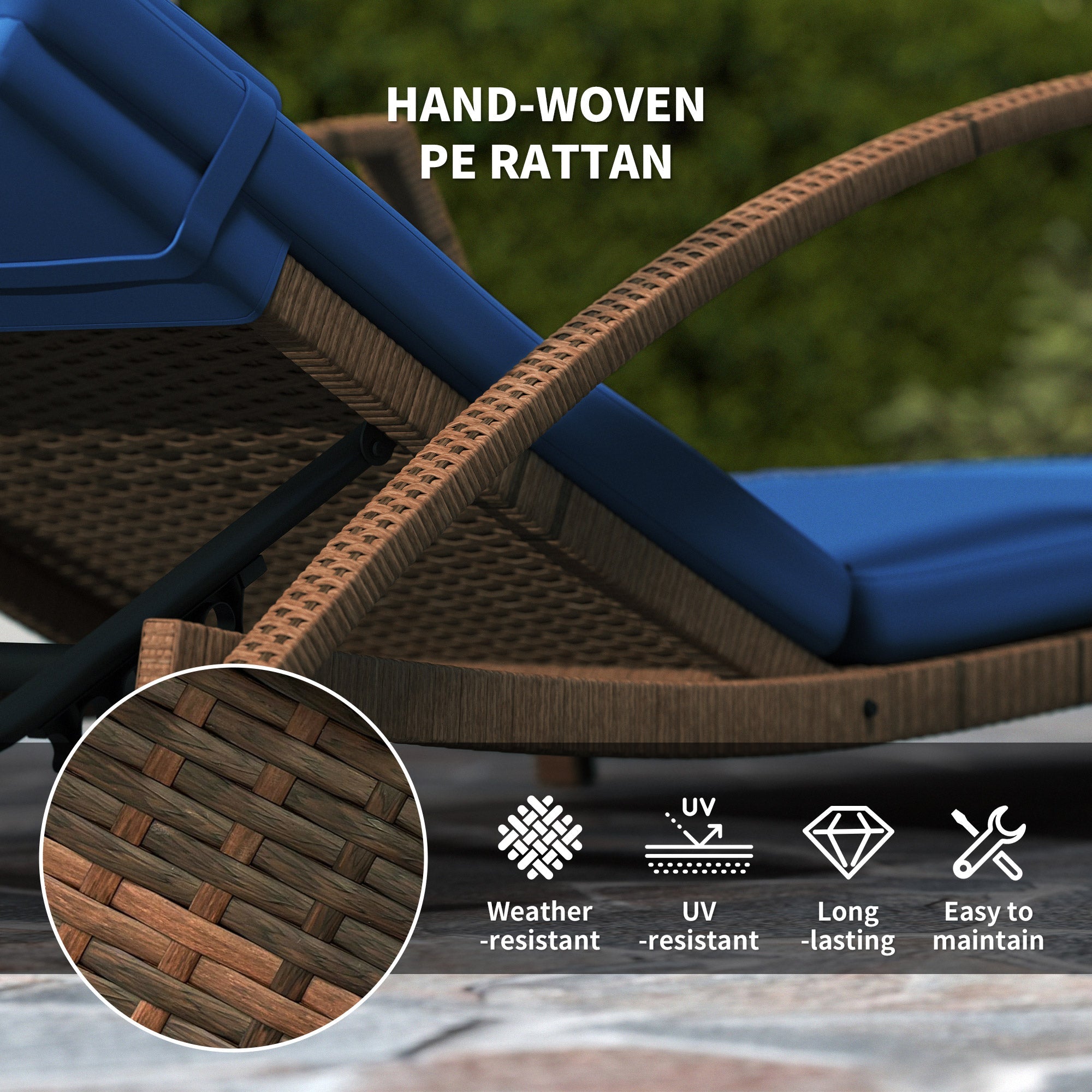 Outsunny Set of 2 Wicker Chaise Lounge Chair Outdoor Patio Lounger with 5 Adjustable Back, Wheels, Cushion and Armrests, Blue
