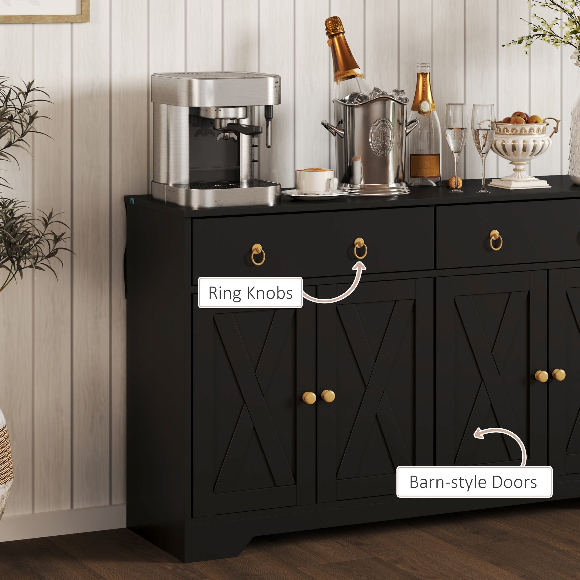 HOMCOM Sideboard Cabinet with 2 Drawers, 4 Barn Doors and 2 Adjustable Shelves, Buffet Table for Living Room, Black
