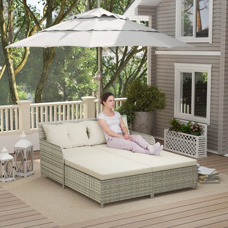 Rattan Outdoor Daybed, Sunbed Loveseat with Soft Cushions, 4 Pillows, Curved Backrest & Armrest, Beige