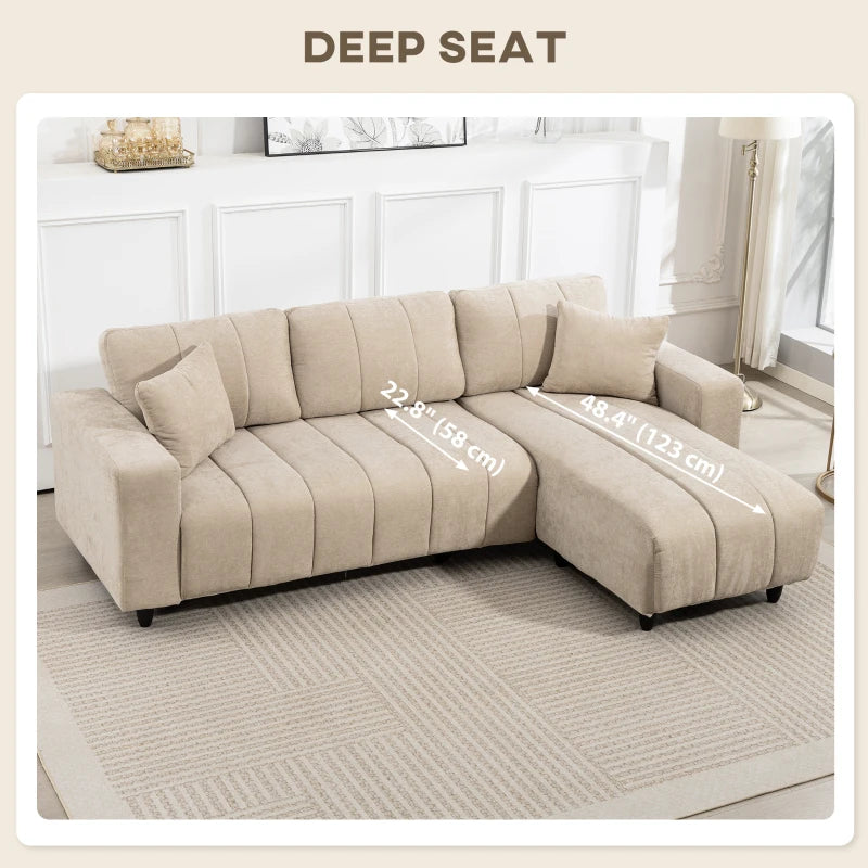 Sectional Couch with Integrated Seat, 3 Seater L-Shaped Sofa with Changeable Chaise, Spring Cushion, 2 Pillows, Beige