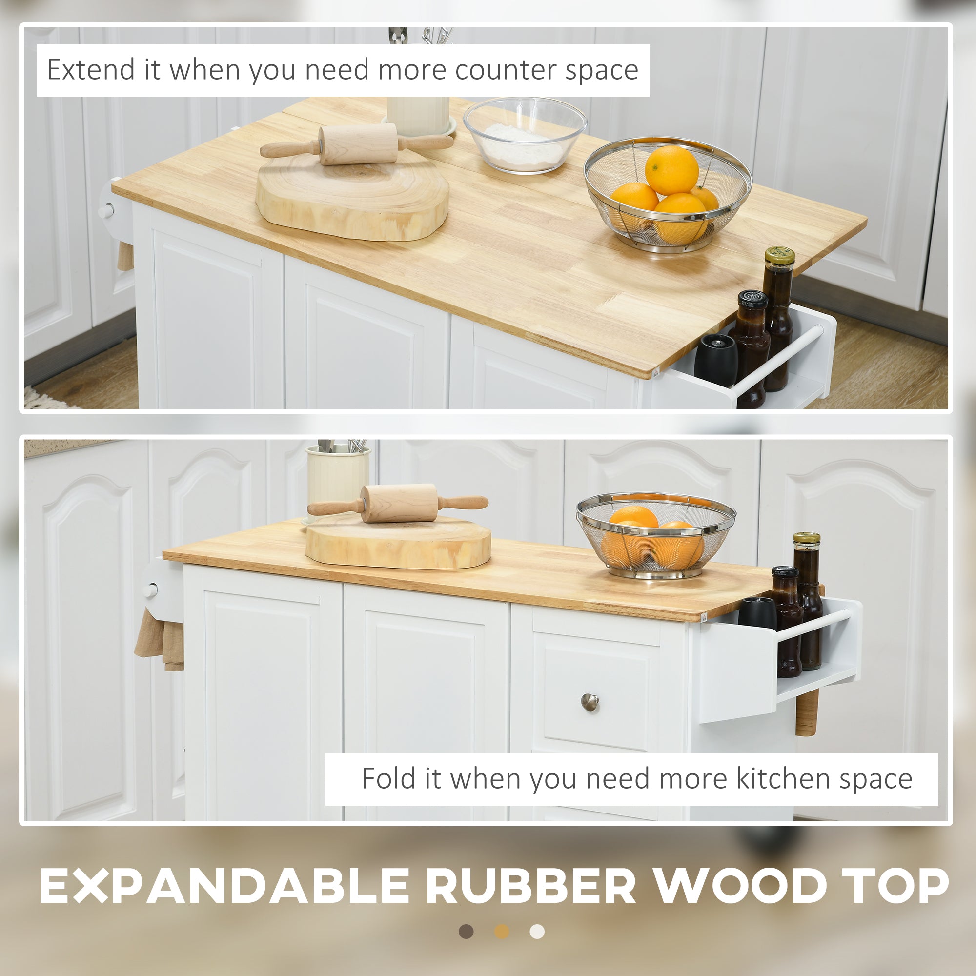 HOMCOM Rolling Kitchen Sidekick: White Island Cart with Drop Leaf, 3 Drawers, Spice Rack, Towel Rack, Natural Wood Top