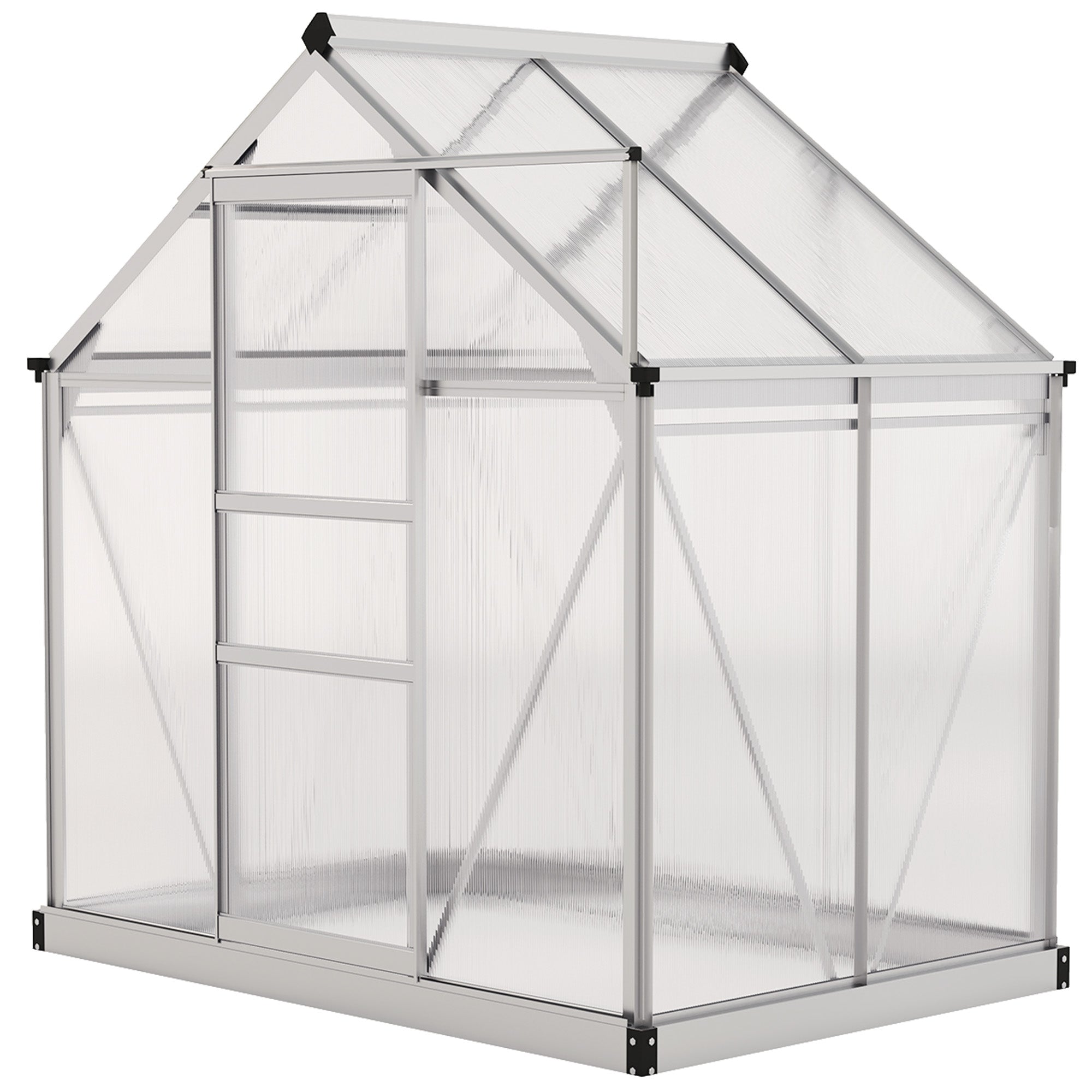 Outsunny 6' x 4' x 6.6' Polycarbonate Greenhouse, Walk-In Green House Kit Garden, Plants Grow, Galvanized Sheet Aluminum Frame with Rain Gutter, Vent and Sliding Door, Silver