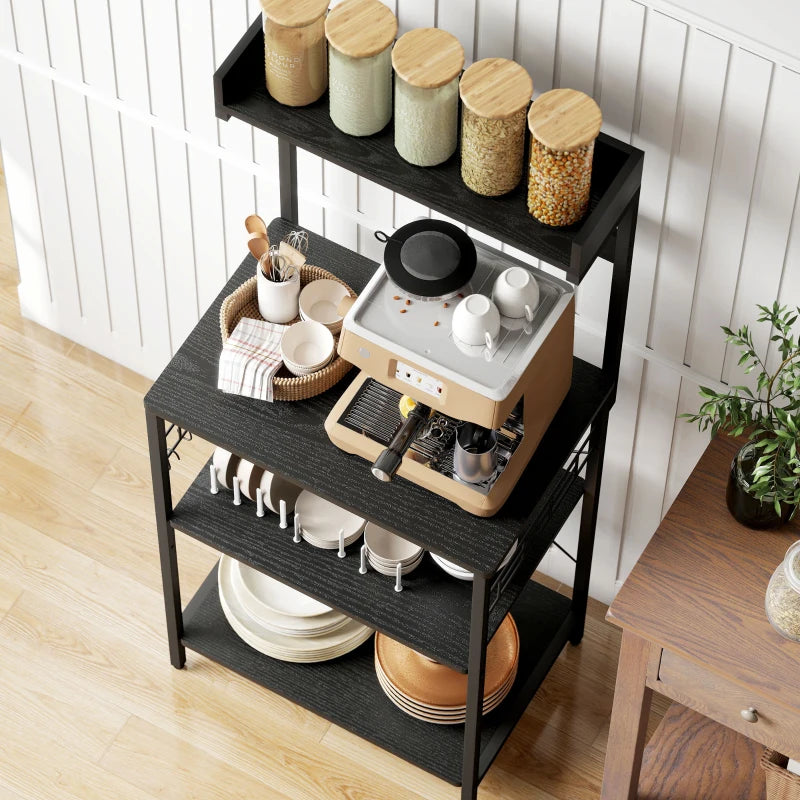 Kitchen Baker's Rack with Power Outlet, Coffee Bar Station with Adjustable Shelves and Hooks, Distressed Black