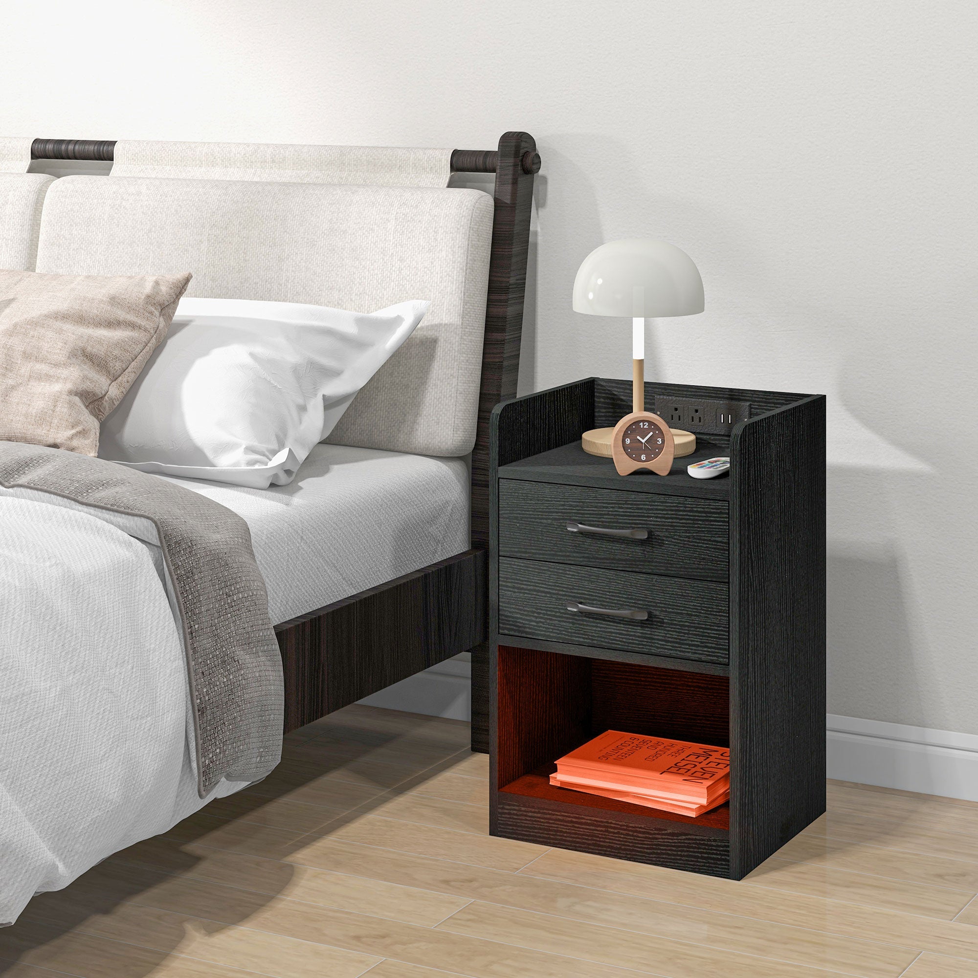 HOMCOM Charging Nightstand: LED Lights, AC Outlets, USB Ports, 2 Drawers, Shelf, Modern Bedroom Furniture, Black
