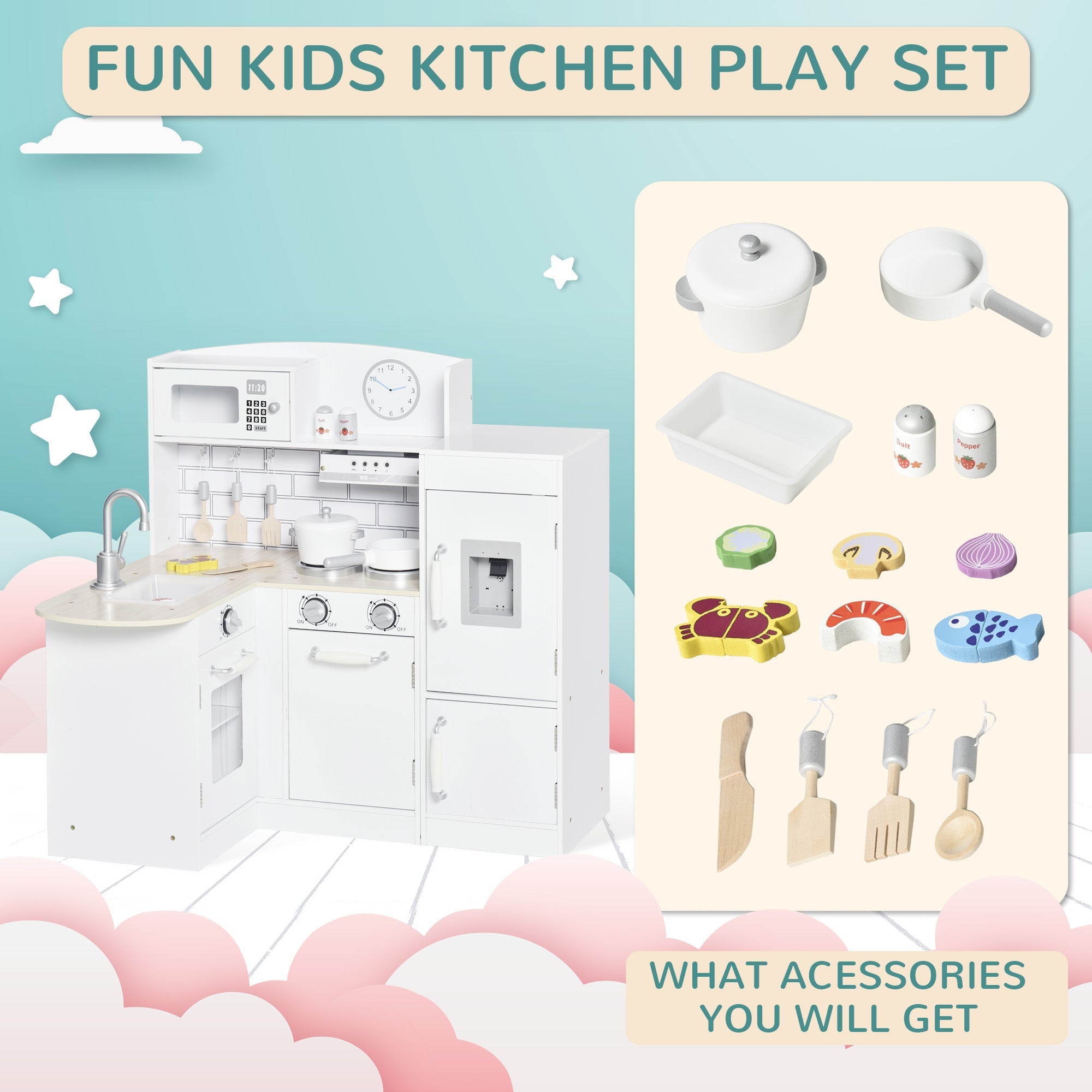 Qaba Play Kitchen Set for Kids - White Cooking Toy with Drinking Fountain, Microwave, Fridge & Accessories