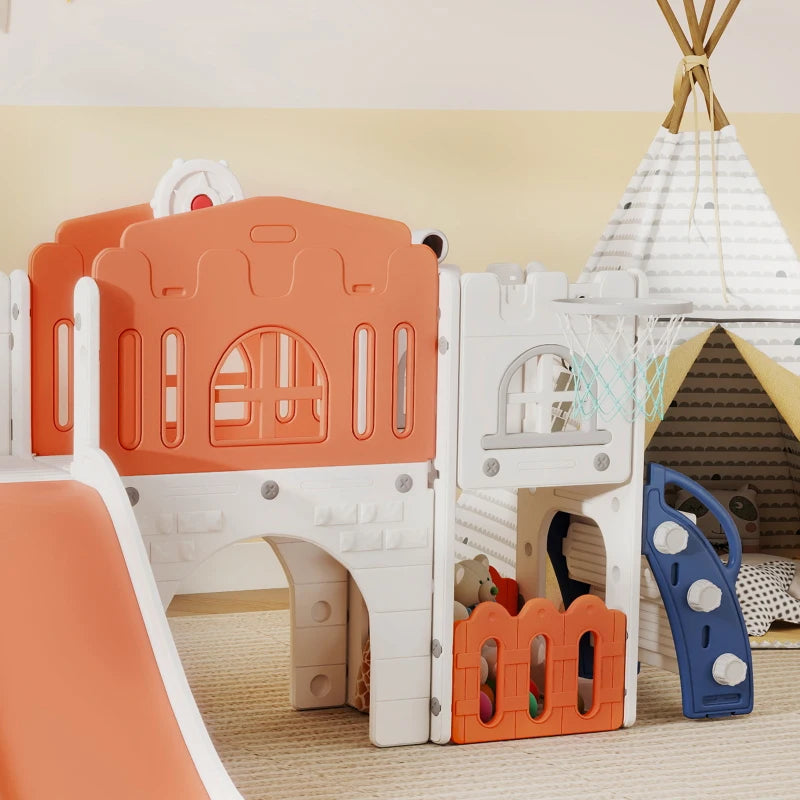 Qaba 7 in 1 Toddler Slide with Basketball Hoop, Climber, Telescope, Tunnel, Steering Wheel, for 1-3 Years, Orange