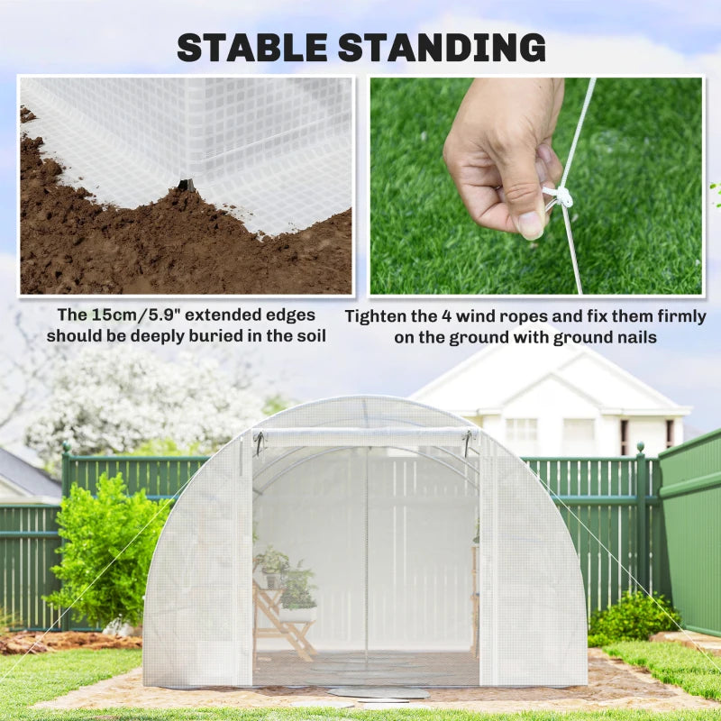 Walk-in Tunnel Greenhouse, Plant Hot House w/ Support Rods, Roll-up Mesh Door, Mesh Windows, 13'x9.8'x6.6', White