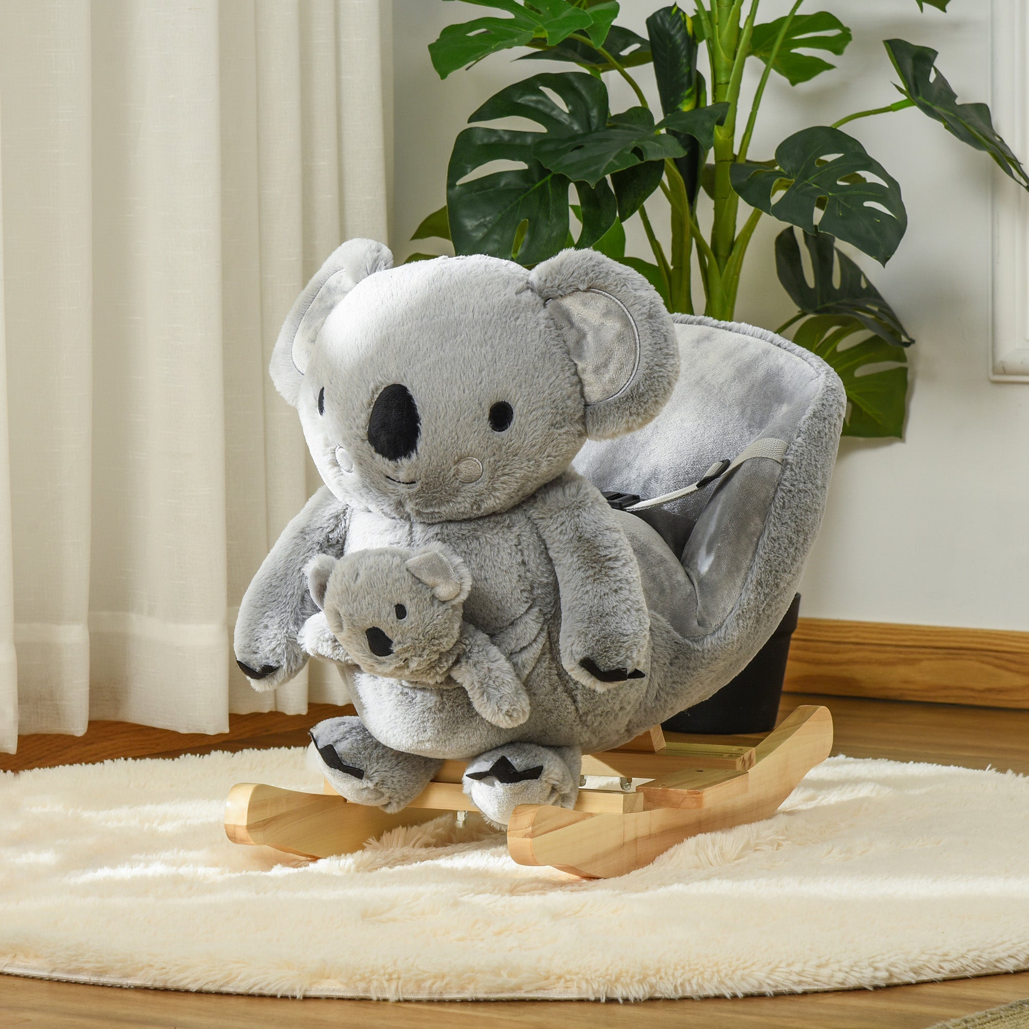 Qaba Koala Rocking Horse for Kids - Plush Ride-On Toy with Gloved Doll & Sounds, Ideal for 18-36 Months, Grey