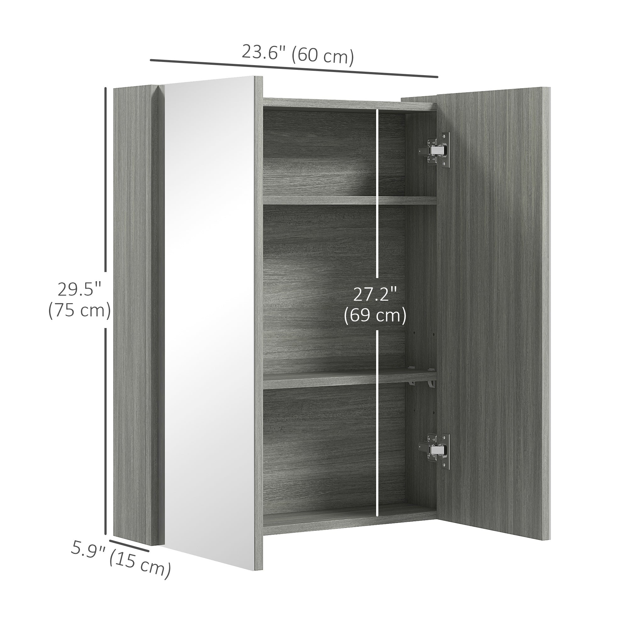 HOMCOM Wall Mount Mirrored Bathroom Medicine Cabinet Adjustable Shelf Double Soft Close Doors Grey