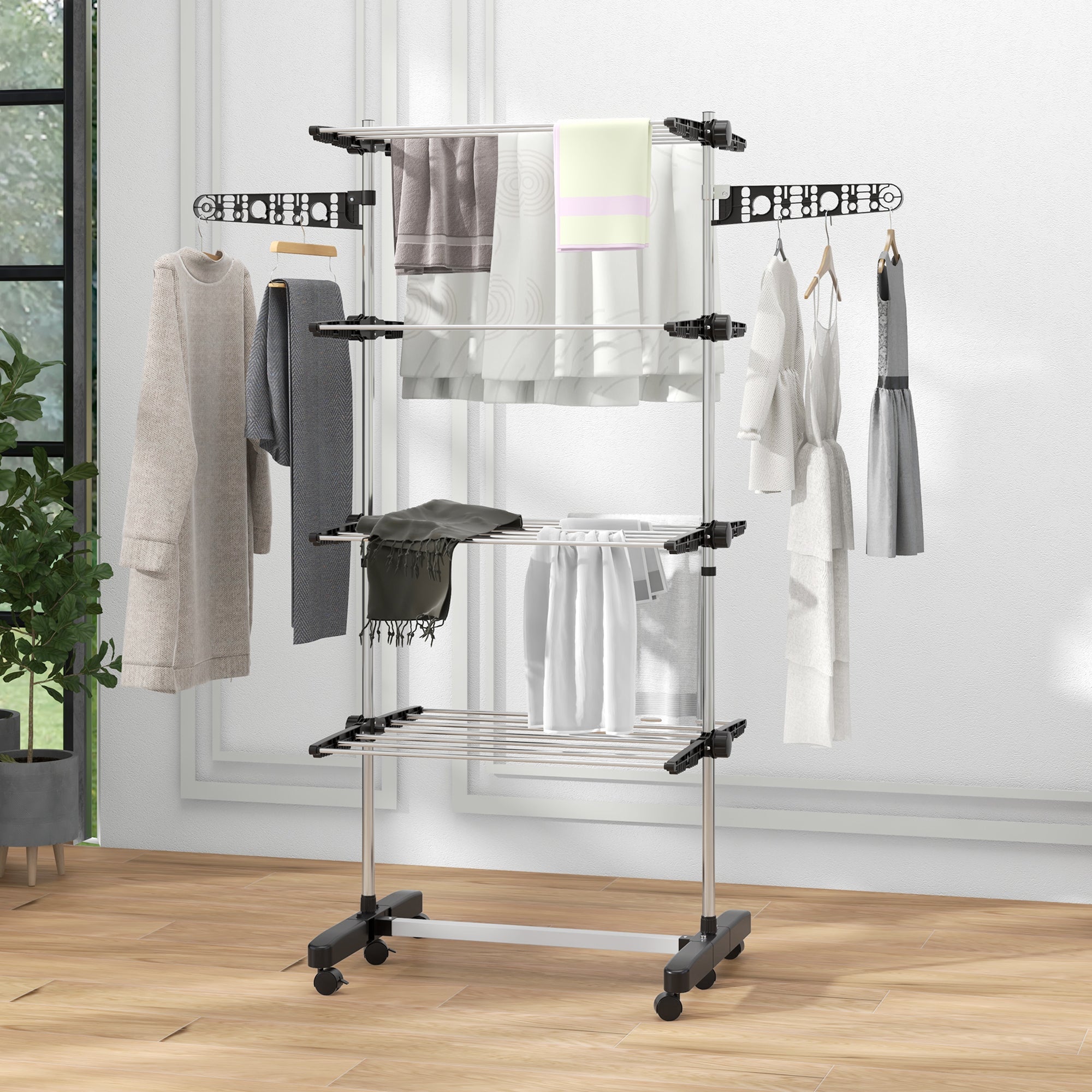 HOMCOM Garment Drying Rack Stainless Steel Folding Clothes Hanging Rack with Side Wings Castors for Indoor Outdoor Black