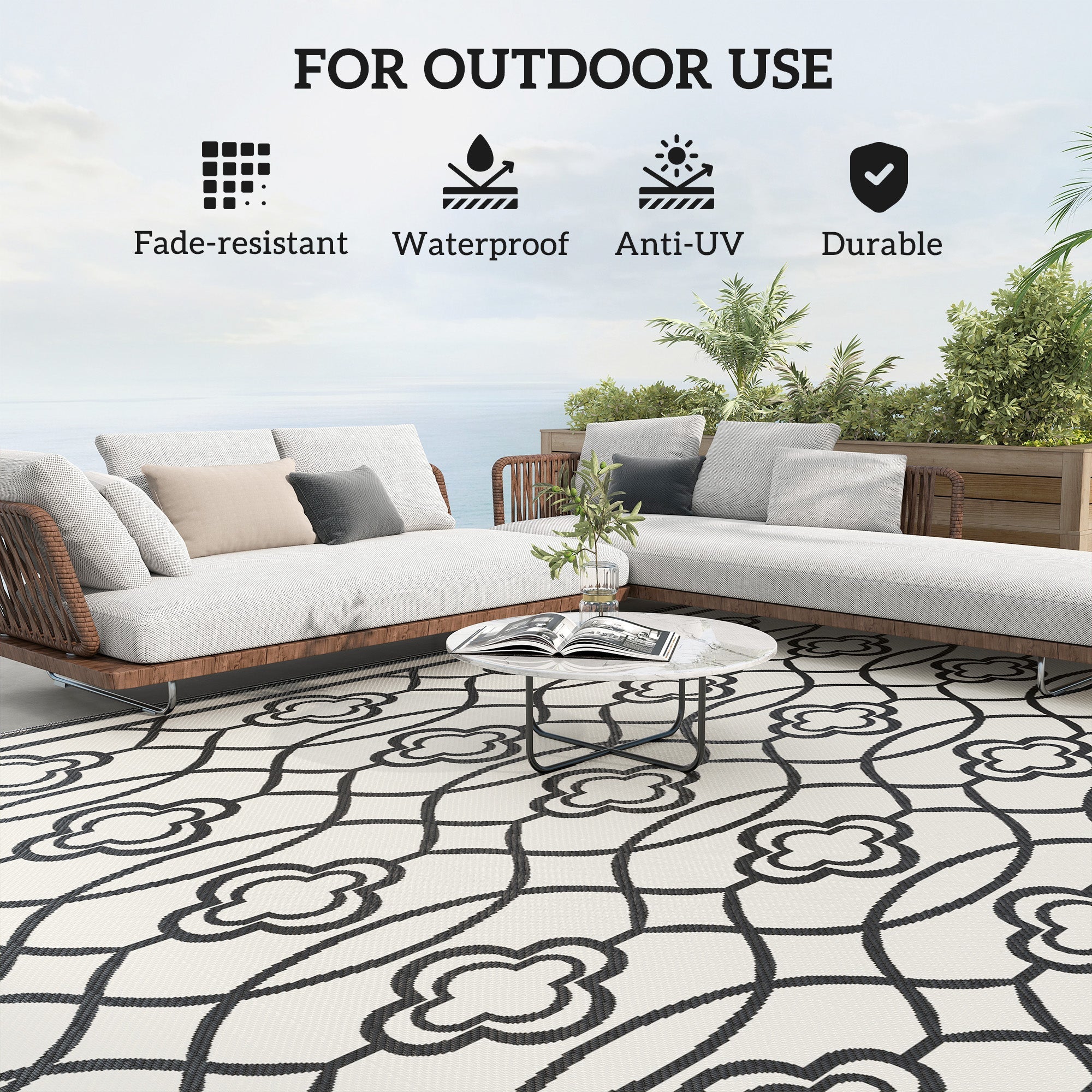 Outsunny 9' x 18' Outdoor RV Rug, Reversible Patio Floor Mat with Carry Bag, Lantern, Black and White