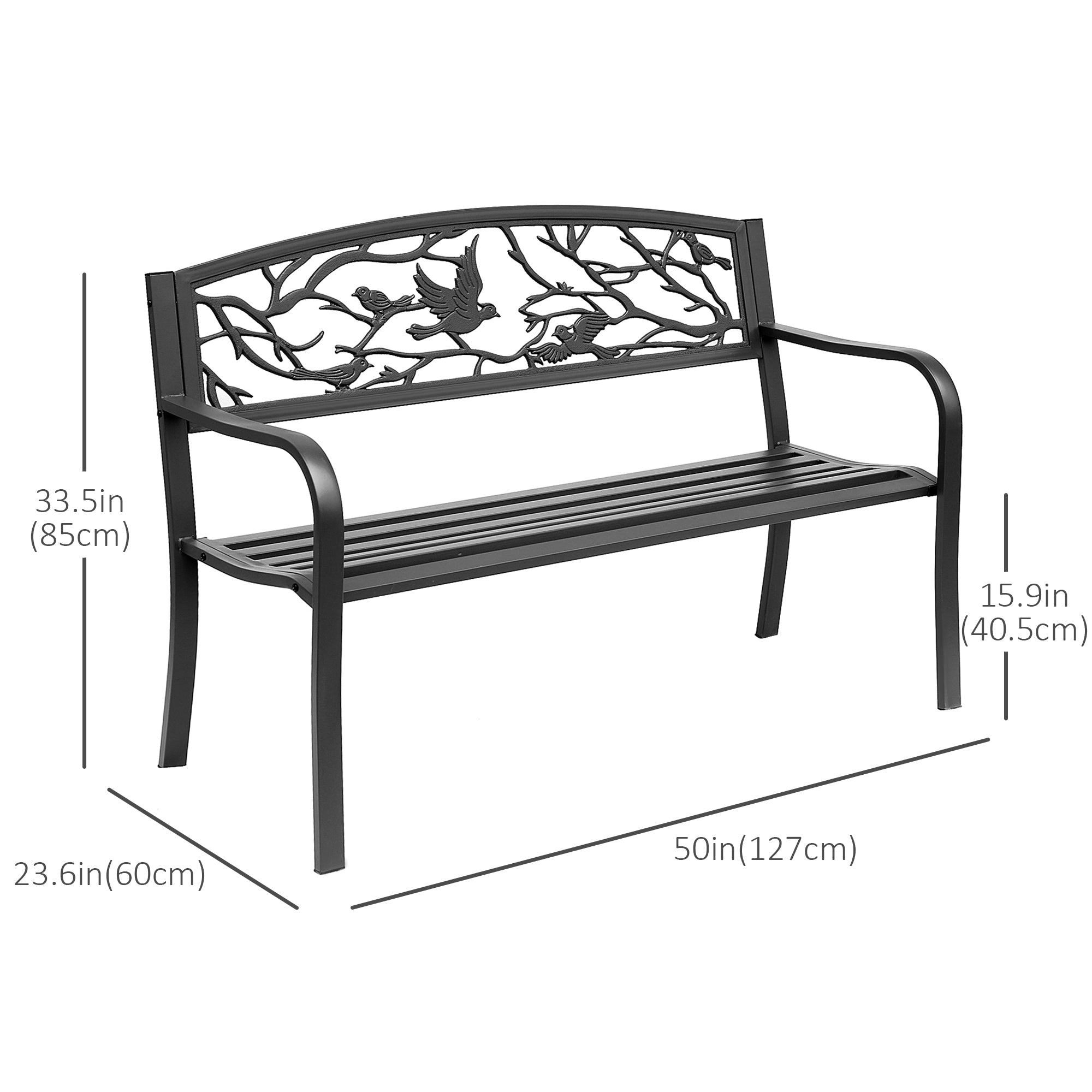 Outsunny Vintage Garden Bench Outdoor Loveseat Bird Pattern Durable Black Seating