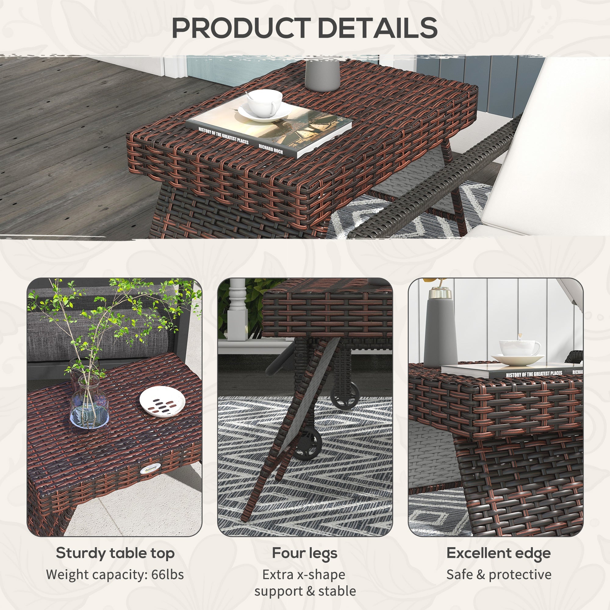 Outsunny Rattan Foldable End Table Outdoor Metal Frame Patio Wicker Coffee Side Table for Poolside Lawn Garden Brown
