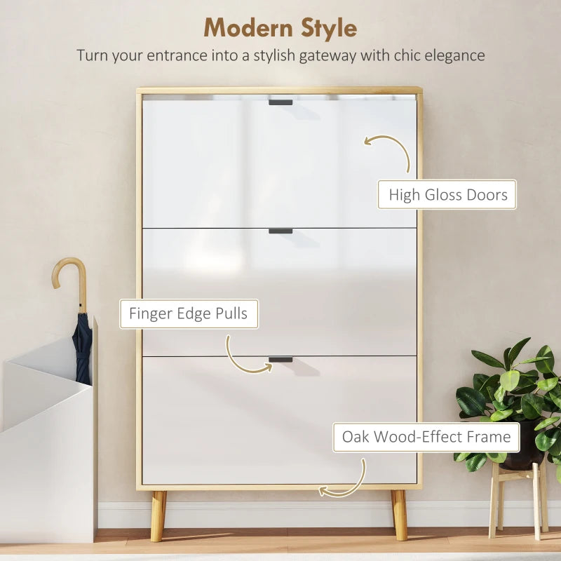 Narrow Shoe Cabinet, High Gloss Shoe Storage Cabinet with 3 Flip Drawers and Adjustable Shelves, Holds 24 Pairs, White