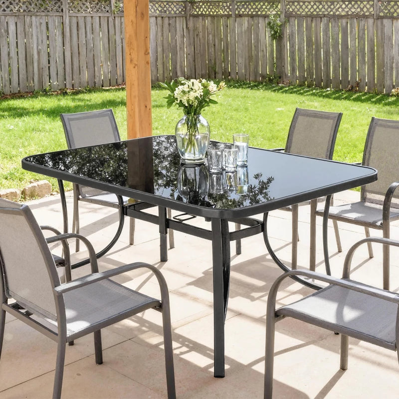 Outdoor Dining Table for 6 with Umbrella Hole, Metal Patio Dining Table with Tempered Glass Top