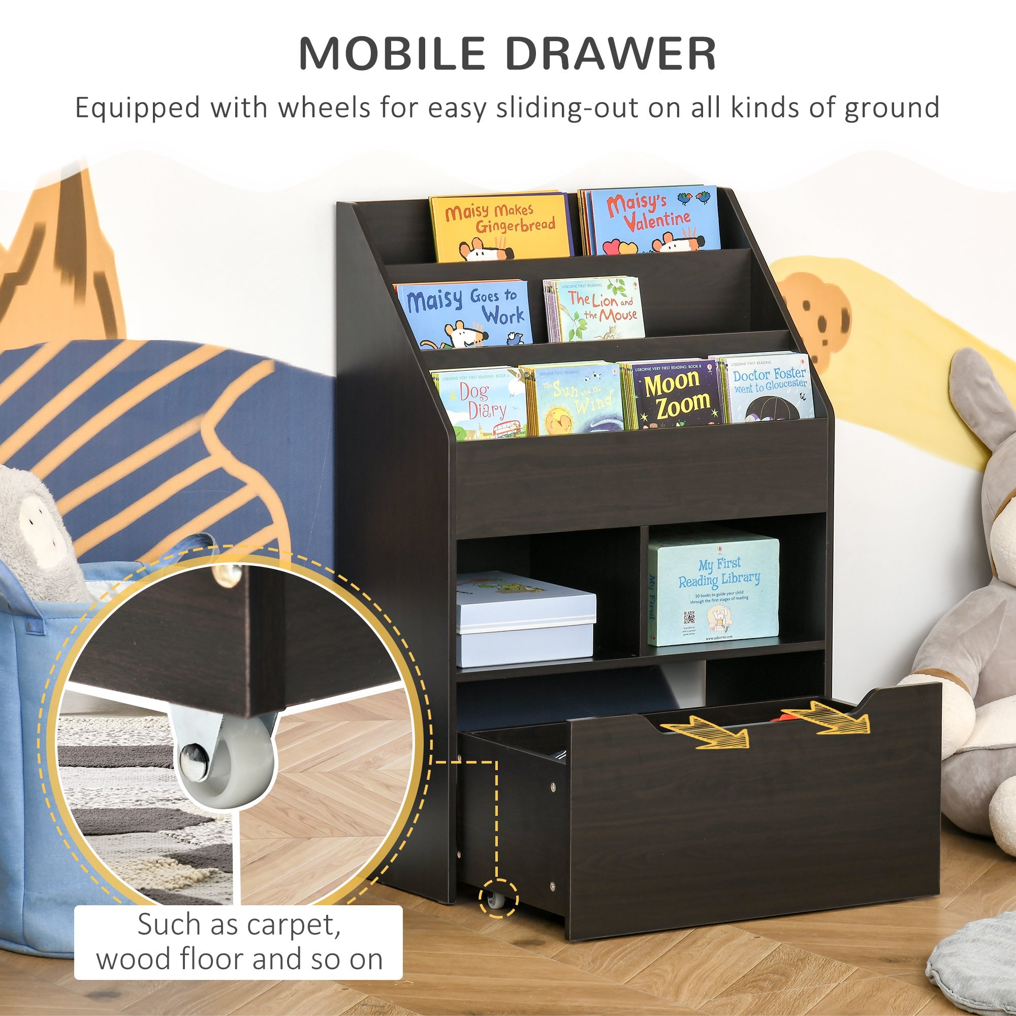 HOMCOM Kids Bookcase Multi Shelf Rack Organizer Storage Drawer Reading Nook Classroom Bedroom Playroom Brown