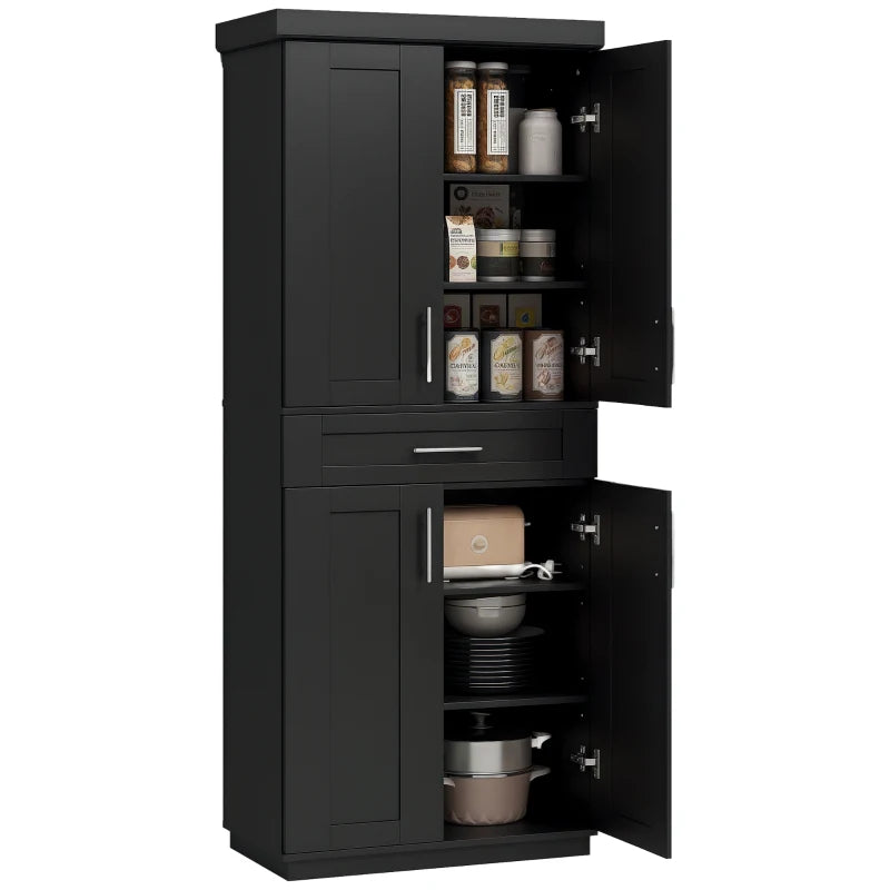 72" Storage Cabinet, Freestanding Kitchen Pantry Cabinet with 4 Doors, Drawer and 3 Adjustable Shelves, Black