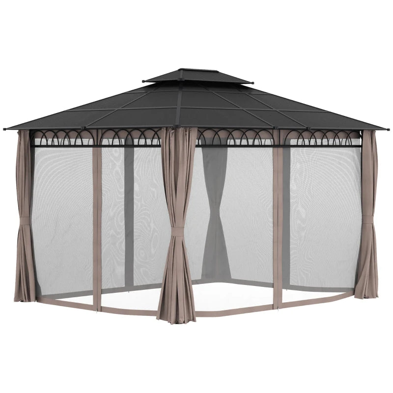 Outsunny 10' x 12' Outdoor Gazebo Canopy, Double Roof Hardtop Gazebo with Polycarbonate Roof, Steel Frame, Nettings and Curtains, for Garden, Lawn, Backyard and Deck, Khaki