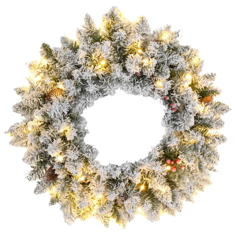 HOMCOM 24" Pre-Lit Artificial Christmas Wreath – Green Spruce with Cones, Red Berries & 20 LED Lights, Battery Operated