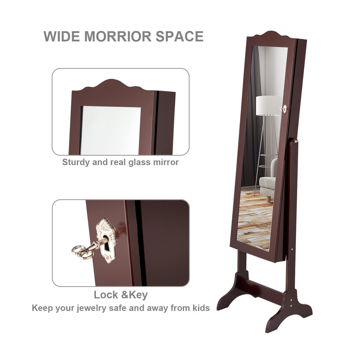 Mirrored Jewelry Cabinet Storage With Drawer And Led Lights -CoffeeÂ