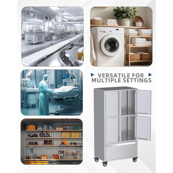 YODOLLA 58.3" Stainless Steel Storage Cabinet with Drawer & Locking Casters