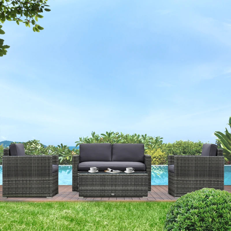 Outsunny 4 Pieces Patio Furniture Set, Rattan Wicker Sofa Deluxe Outdoor Coffee Sectional Set Garden Patio Furniture Sets with Cushions for Porch Garden Poolside Balcony, Grey
