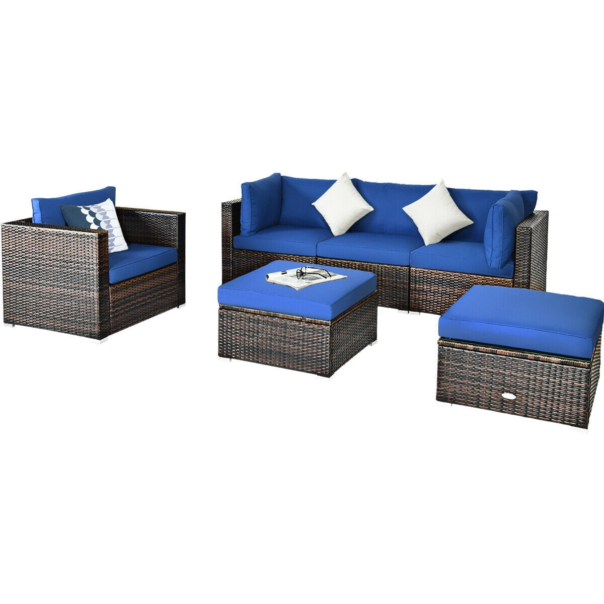 6 Pieces Patio Rattan Furniture Set with Sectional Cushion-BlueÂ