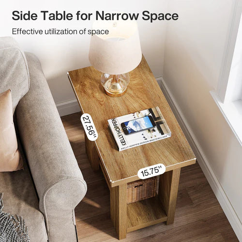 End Table 2-Tier Farmhouse Side Table with Storage Shelves 27.56" Wooden Nightstand for Small Spaces Living Room Bedroom Light Brown