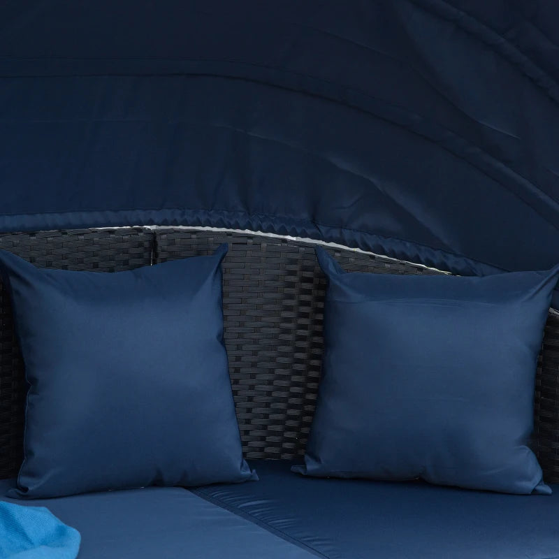 Outsunny 4 Pieces Patio PE Wicker Round Daybed, Outdoor Rattan Garden Lounge Furniture Sets, Dark Blue