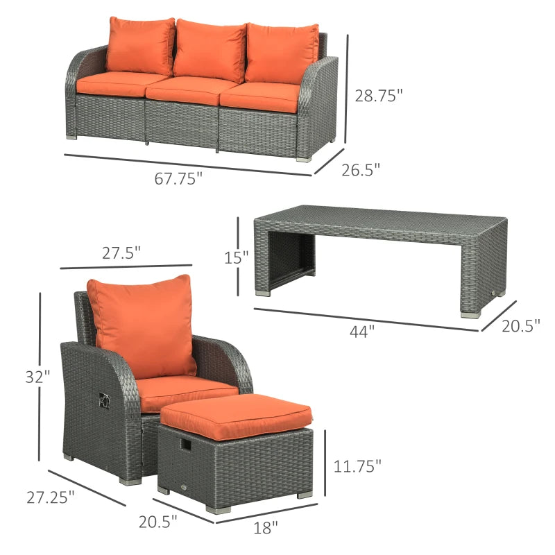 Outsunny 7pcs Garden Wicker Sectional Set w/ Tea Table Patio Rattan Lounge Sofa with Cushion for Outdoor Deck Orange