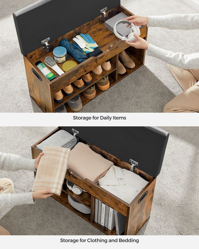 VASAGLE Storage Bench with Cushion, Padded Seat, 3 Compartments