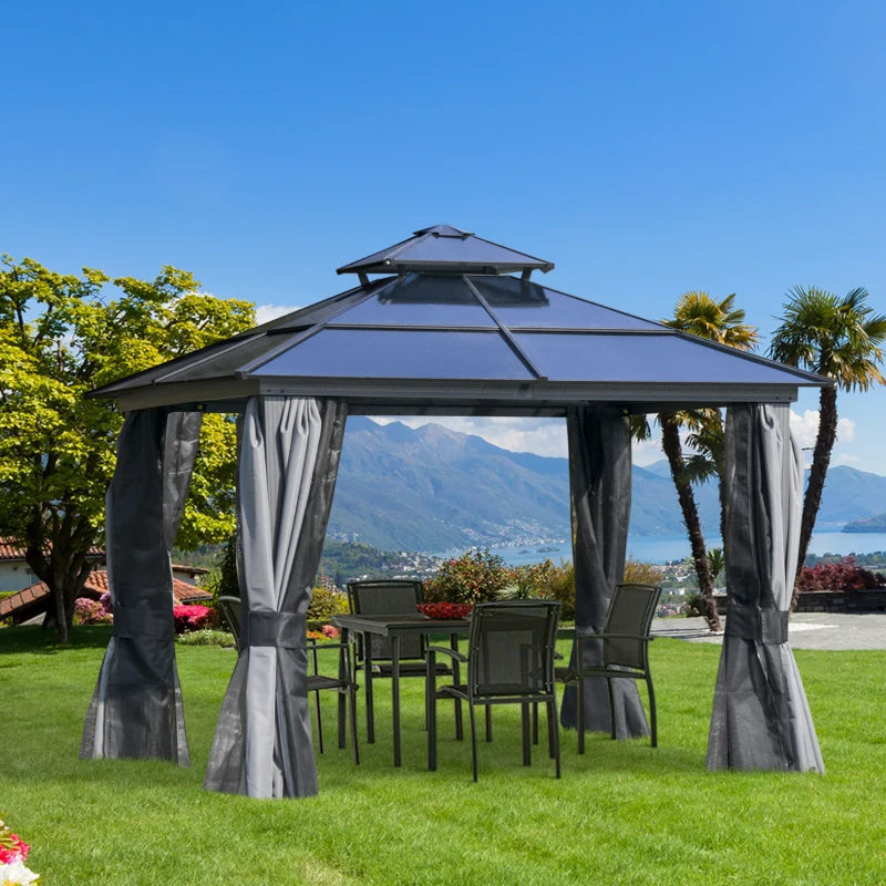 Outsunny 10'x10' Hardtop Patio Gazebo Aluminum Gazebo Deck Canopy with Double Tier Roof, Curtains, Netting Sidewalls, Black & Grey