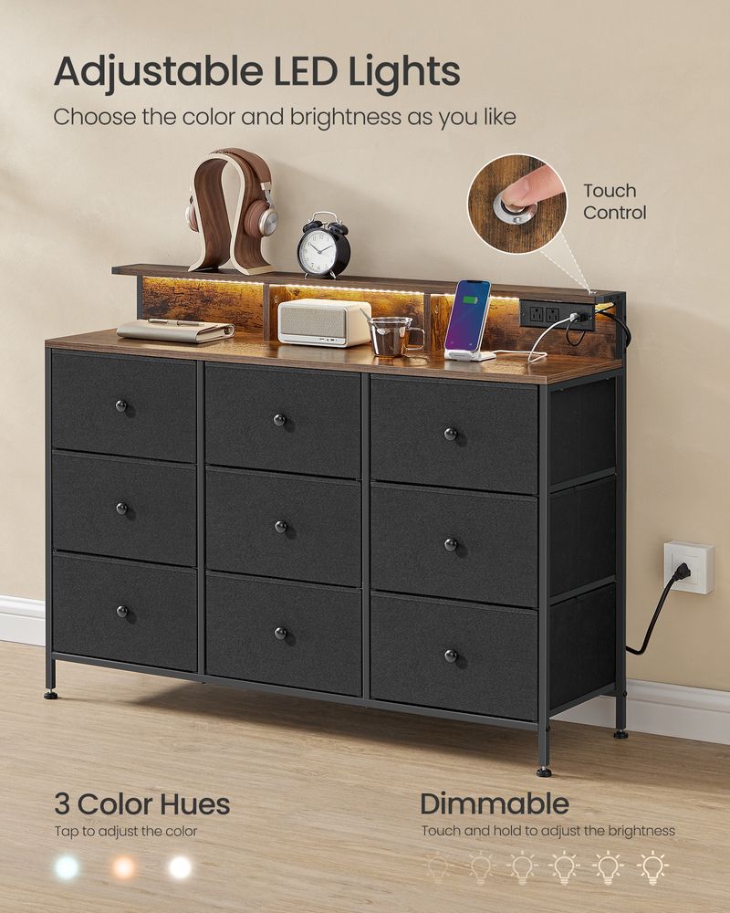 SONGMICS Storage Organizer with 9 Fabric Drawers and LED Lights