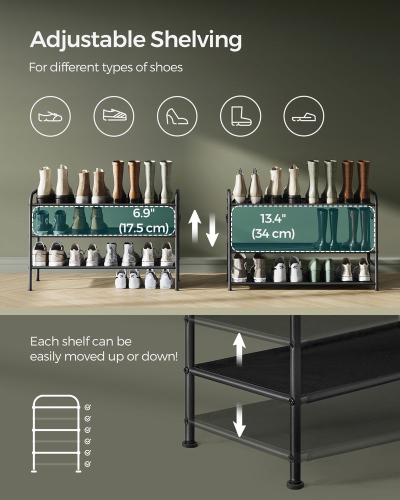 SONGMICS Fabric Shoe Rack with 4 Hooks Ink Black