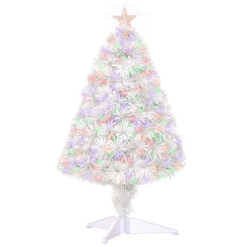 HOMCOM 2.5FT Prelit Artificial Tabletop Christmas Tree with Fibre Optics Holiday Home Xmas Decoration for Table and Desk White