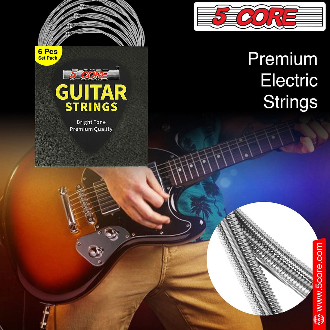 5Core Acoustic Guitar Strings 0.010-0.048 Steel Gauge Heavy Duty w Bright Tone For 6 String Guitars