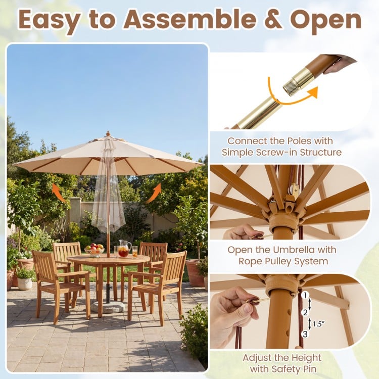 9 FT Patio Umbrella Outdoor Table Market Umbrella with 8 Sturdy Bamboo Ribs-Beige