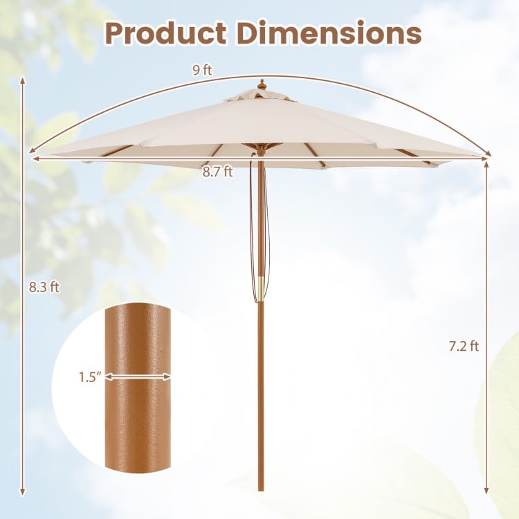 9 FT Patio Umbrella Outdoor Table Market Umbrella with 8 Sturdy Bamboo Ribs-Beige