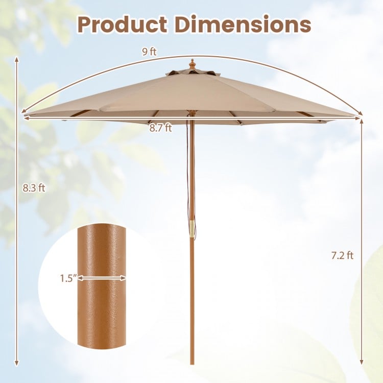 9 FT Patio Umbrella Outdoor Table Market Umbrella with 8 Sturdy Bamboo Ribs-Brown