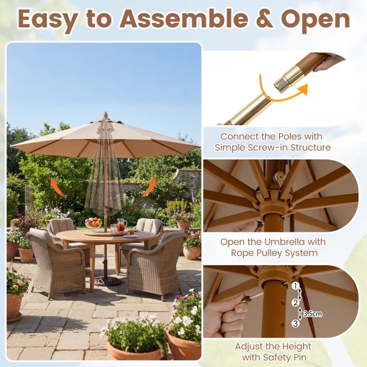 9 FT Patio Umbrella Outdoor Table Market Umbrella with 8 Sturdy Bamboo Ribs-Brown