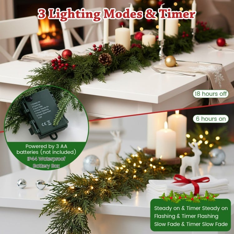 9 FT Pre-lit Artificial Cypress Christmas Garland with 50 Warm White LED Lights and 130 Branch Tips