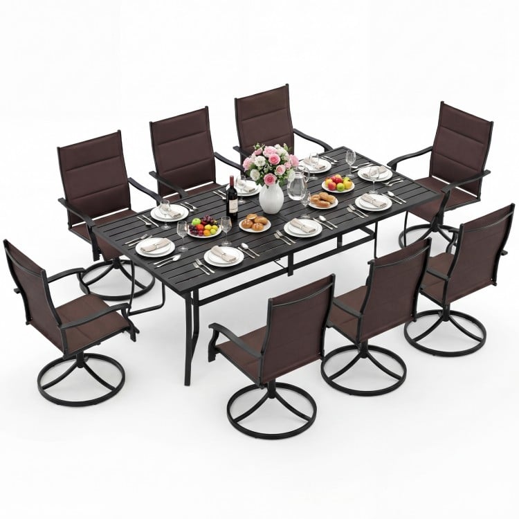 9-Piece Outdoor Dining Set for 8 with Umbrella Hole and 8 Chairs-Brown