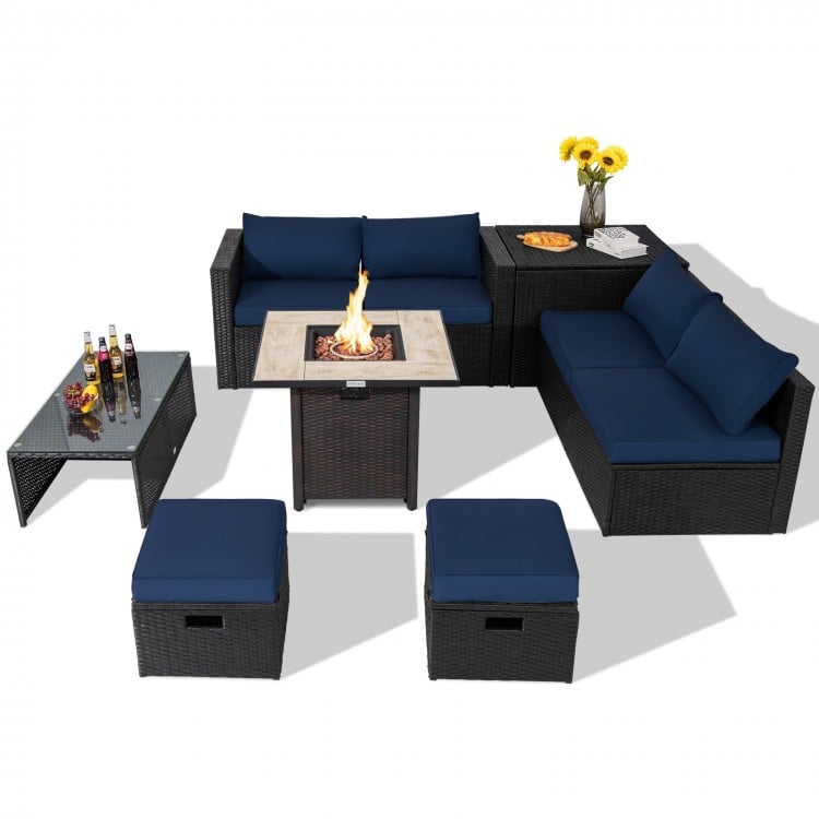 9 Pieces Outdoor PE Rattan Wicker Sectional Sofa with 42 Inch Gas Fire Pit Table