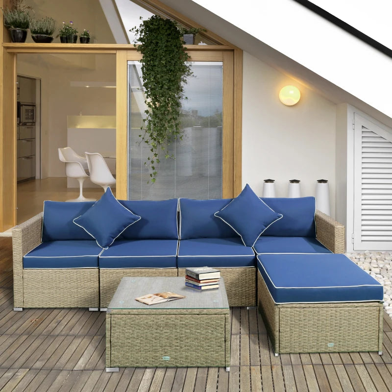 Outsunny 6 Pieces Outdoor PE Rattan Wicker Patio Furniture Sofa Set with Thick Cushions, Deluxe Garden Sectional Couch with Glass Top Table, Yellow and Navy Blue